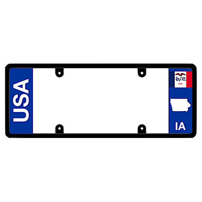 A black elongated Iowa license plate frame featuring clean bold vertical USA and IA text panels by DFS Brands.