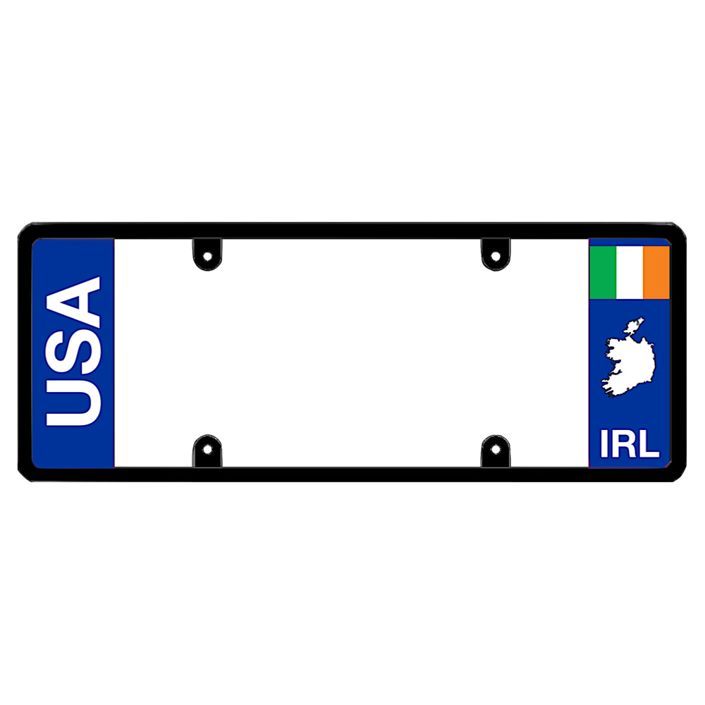 Euro style car vanity frame with vertical USA and Ireland country map, ideal proud heritage gift for car lovers