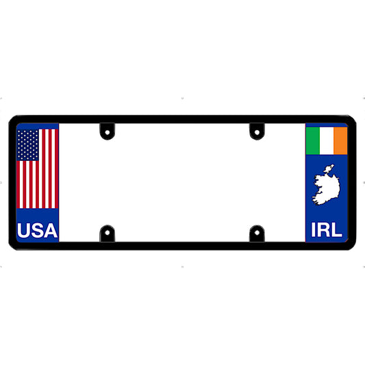License plate frame with USA and Ireland flags on a white background