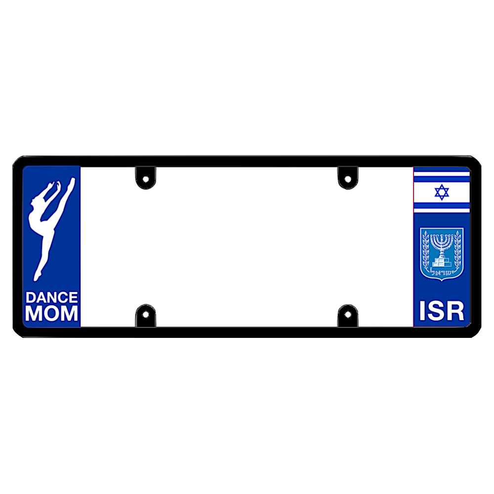 Israeli  heritage license plate frame showing the flag of Israel above a white Menorah coat of arms emblem and ISR lettering on the right panel, paired with a performance arts dancer silhouette and Dance Mom text on the left panel.
