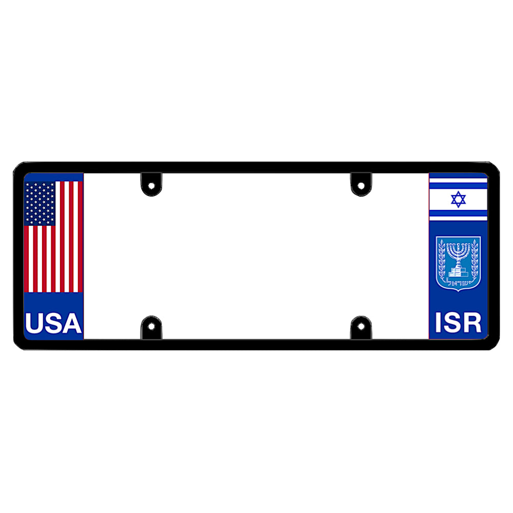 Israel license plate frame with USA and Israel jewish flag designs on a white background