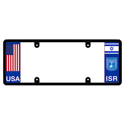 Israel license plate frame with USA and Israel jewish flag designs on a white background