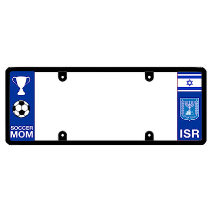 Israeli heritage license plate frame showing the flag of Israel above a white Menorah coat of arms emblem and Israel code ISR lettering on the right panel, paired with a sports theme trophy, soccer ball, and Soccer Mom text on the left panel DFS the official patented license frame of America