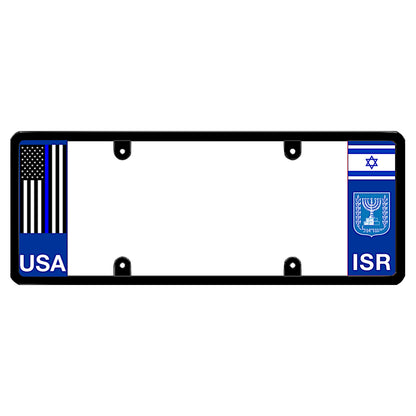 Israeli dual heritage license plate frame showing the flag of Israel above a white Menorah coat of arms emblem and ISR lettering on the right panel, paired with a vertical thin blue line American flag above USA lettering on the left panel.
