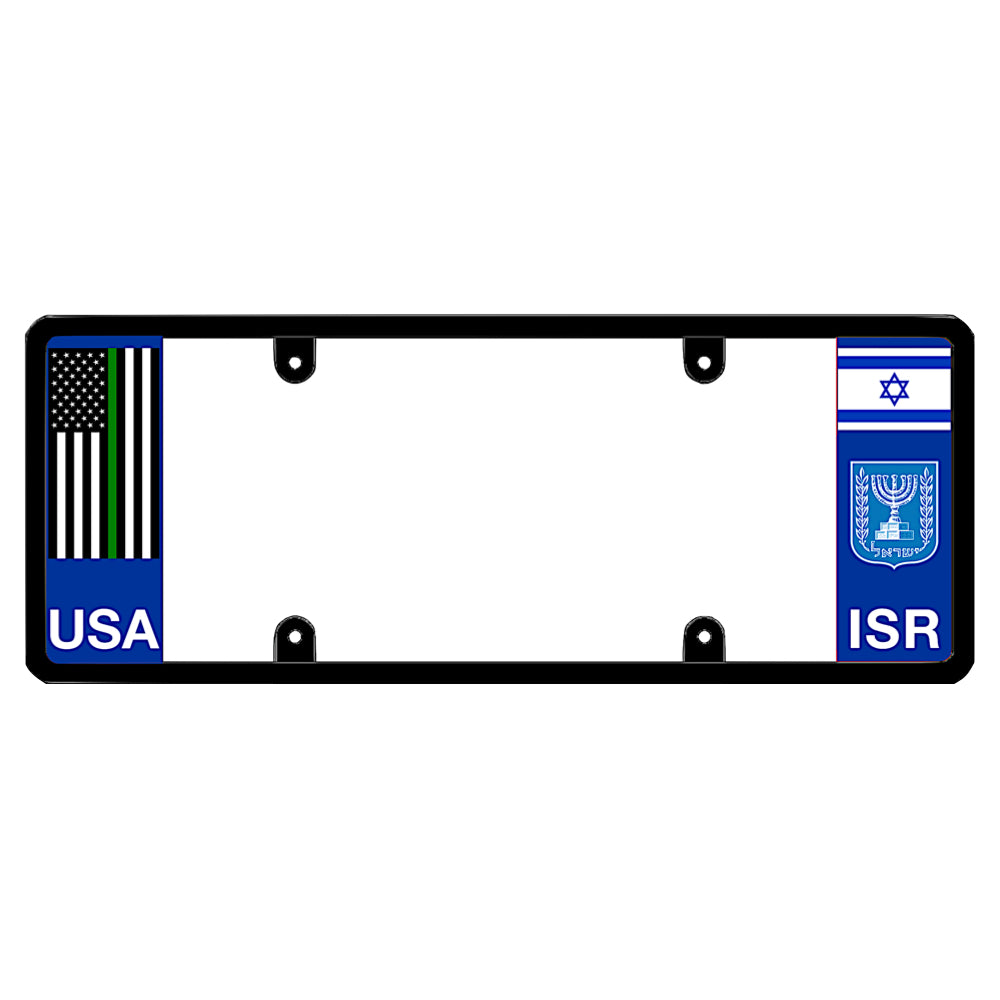 Israeli military heritage license plate frame showing the flag of Israel above a white Menorah coat of arms emblem and Israel ISR lettering on the right panel, paired with a vertical thin green line American flag above USA lettering on the left panel. DFS official license frame of America

