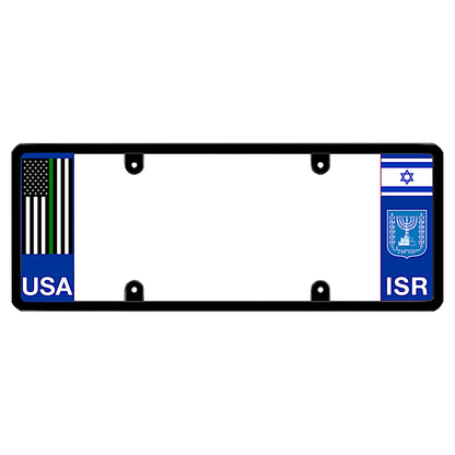 Israeli military heritage license plate frame showing the flag of Israel above a white Menorah coat of arms emblem and Israel ISR lettering on the right panel, paired with a vertical thin green line American flag above USA lettering on the left panel. DFS official license frame of America
