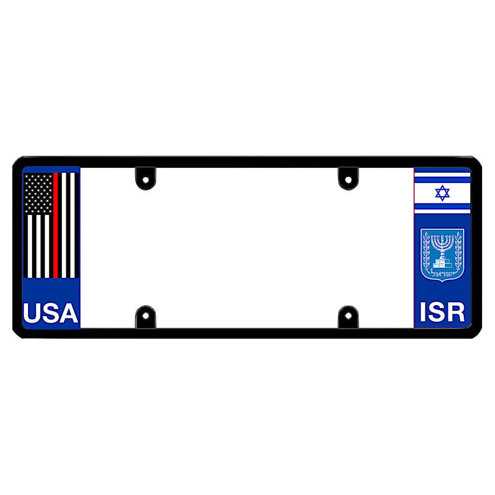 Israeli firefighters heritage license plate frame showing the flag of Israel above a white Menorah coat of arms emblem and ISR lettering on the right panel, paired with a vertical thin red line American flag above USA lettering on the left panel.
