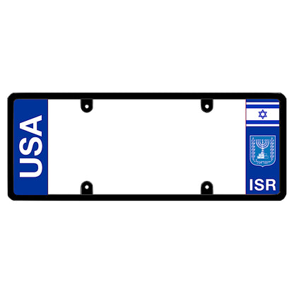 usa israel text frame, minimalist israel car gear, usa isr country code tag, israel flag car accessories, clean dual flag car bracket, stand with israel car decor, israeli american vehicle tag, simple jewish pride car frame, patented dfs text plate holder, american israeli friendship tag
Dual heritage license plate frame showing the flag of Israel above a white Menorah coat of arms emblem and ISR lettering on the right panel, paired with minimalist vertical white USA text on the left blue panel