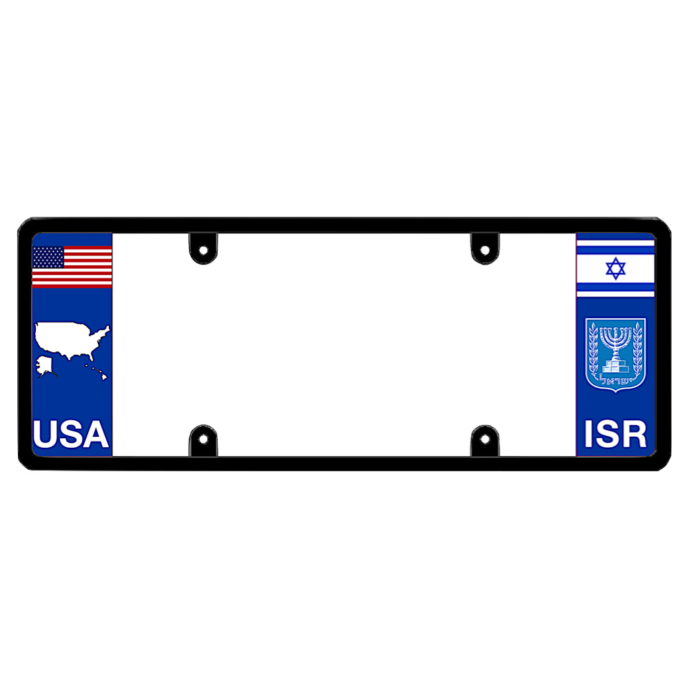 Israel-USA license plate frame featuring the flag of Israel above a white Menorah coat of arms emblem and Israel ISR lettering on the right blue panel, paired with the US flag above a United States map outline and USA lettering on the left blue panel. Stand for Israel official