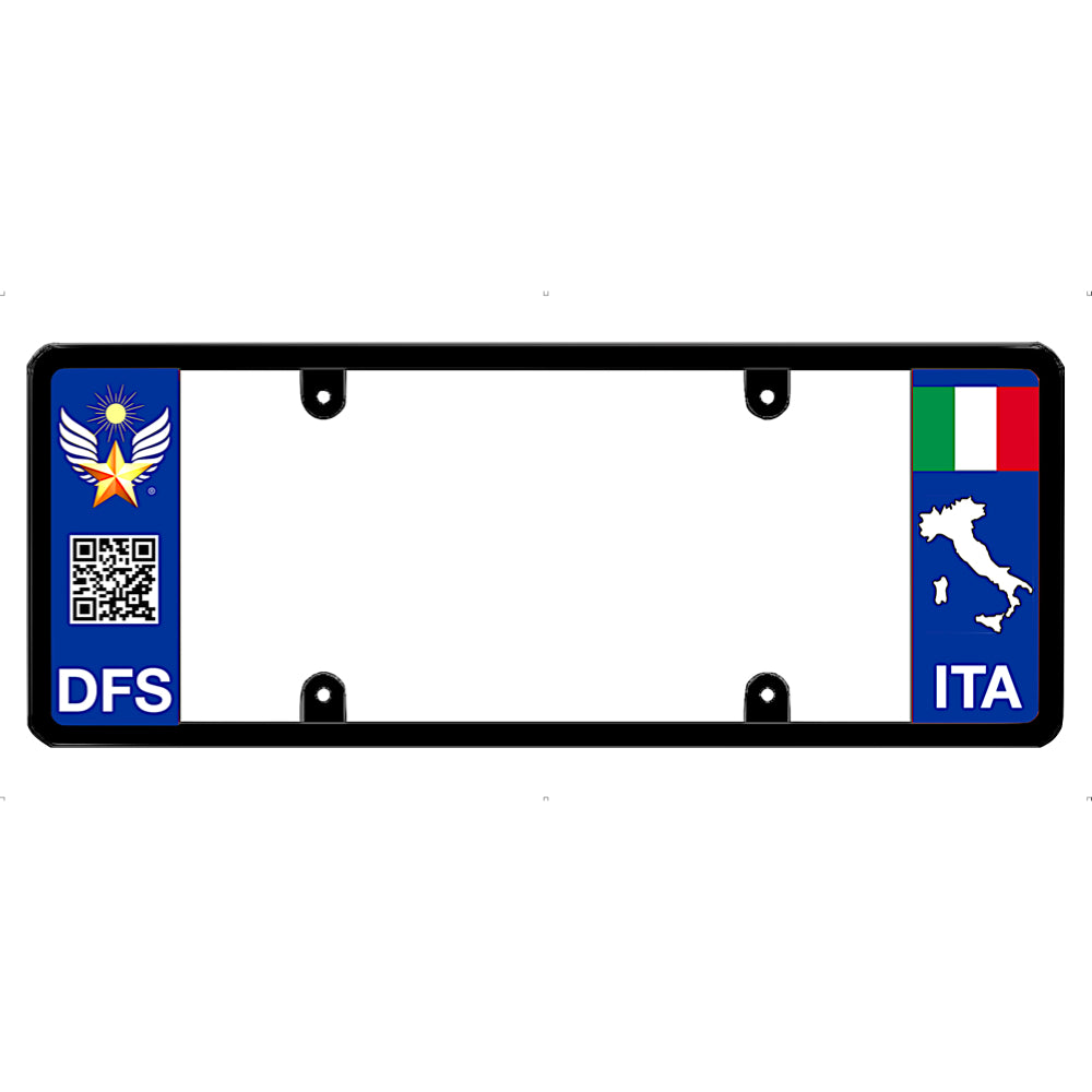 Italy Car license plate frame with Italian flag and DFS logo on a white background