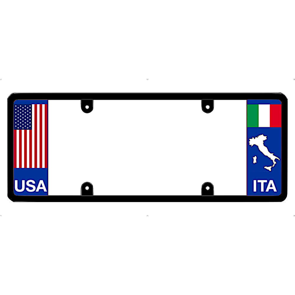 Italy License plate frame with USA and Italy flag designs on a white background