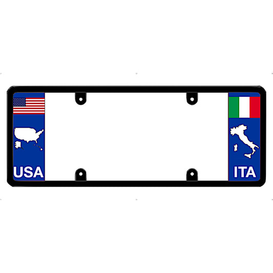 License plate frame with USA and Italy flags on a white background