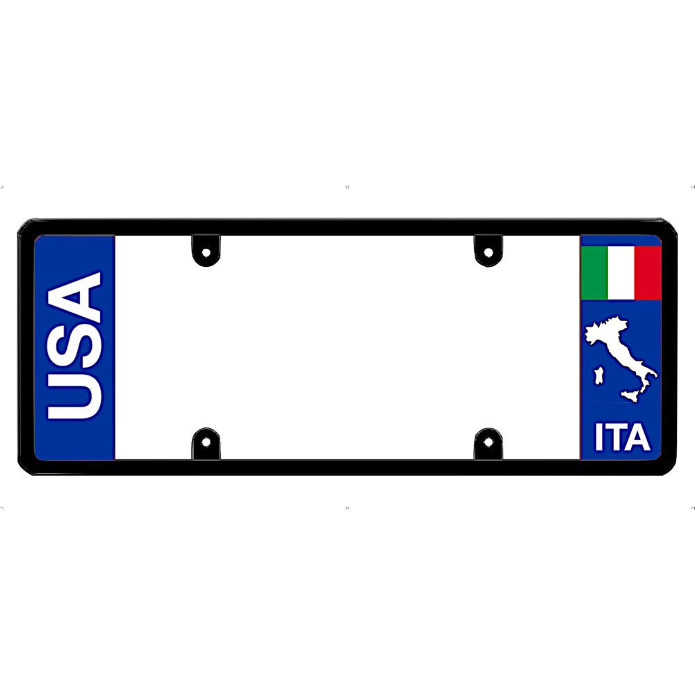 Italy License plate frame with 'USA' and 'ITA' text and Italian flag design on a white background