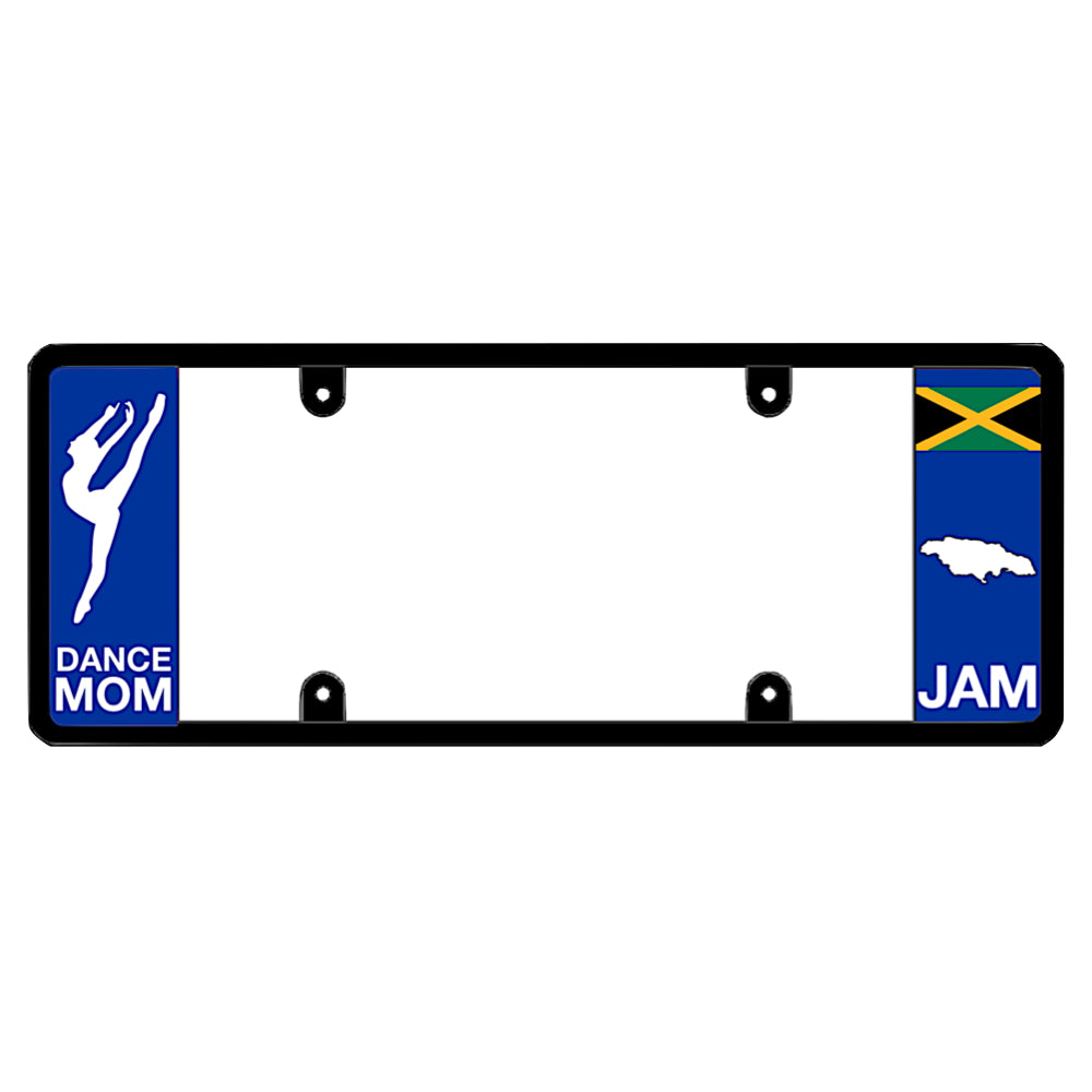 Jamaican license plate frame featuring a white dancer silhouette above white Dance Mom lettering on the left blue panel, and a Jamaica flag above a white island map outline and JAM lettering on the right blue panel. This is for all the Jamaican dancers or love to dance exotic