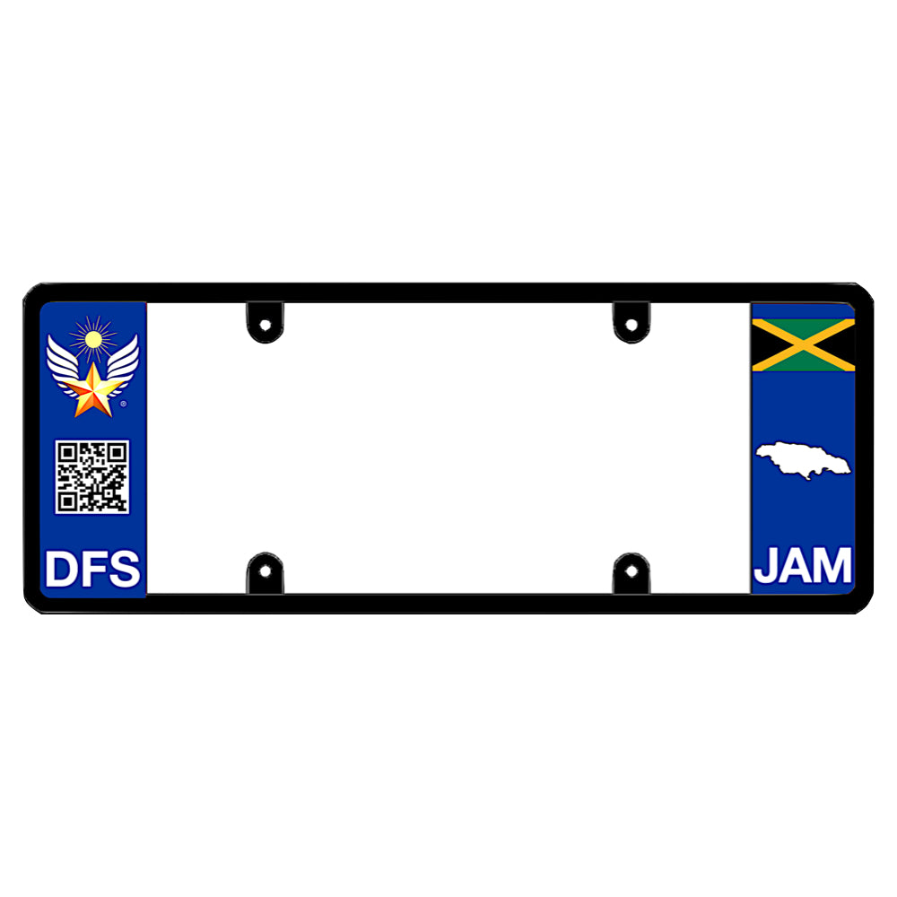 Jamaican license plate frame featuring a blue left panel the DFS logo, a scannable QR code, and white DFS text, and a blue right panel displaying the Jamaica flag above a white island map shape and JAM text. This is for all the Jamaican driving in the united states of America
