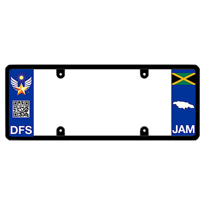 Jamaican license plate frame featuring a blue left panel the DFS logo, a scannable QR code, and white DFS text, and a blue right panel displaying the Jamaica flag above a white island map shape and JAM text. This is for all the Jamaican driving in the united states of America