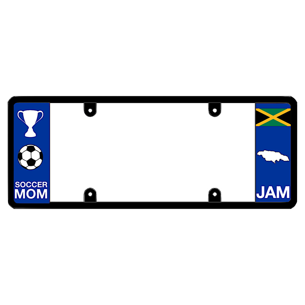 Jamaican license plate frame featuring a white trophy and soccer ball graphic above white Soccer Mom lettering on the left blue panel, and a Jamaica flag above a white island map outline and JAM lettering on the right blue panel. Exclusively for all the Jamaican fanatic of football soccer 