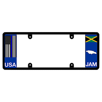 Jamaican police official license plate frame featuring a vertical blue panel with a thin blue line American flag above white USA lettering on the left, and a blue panel with the Jamaica flag above a white island map shape and JAM lettering on the right. This is for all law enforcement in the united states