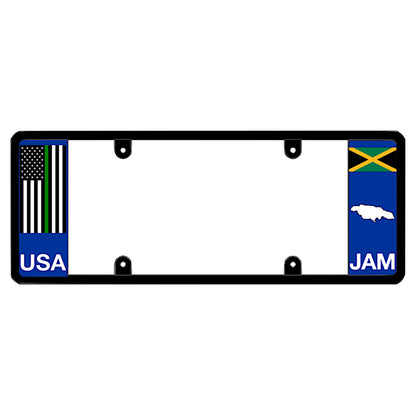 Jamaican army military license plate frame featuring a vertical blue panel with a thin green and blue line American flag above white USA lettering on the left, and a blue panel with the Jamaica flag above a white island map shape and JAM lettering on the right
