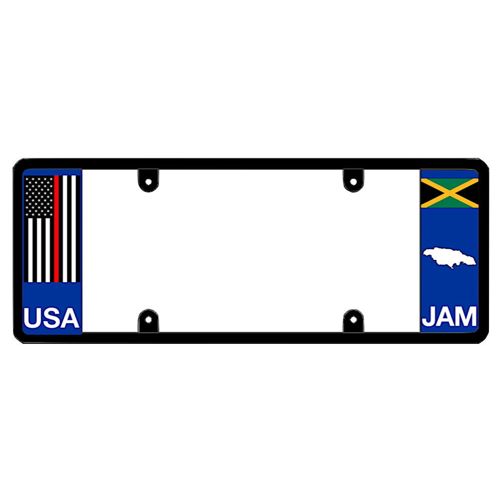 Jamaican license plate frame featuring a vertical blue panel with a thin red and blue line American flag above white USA lettering on the left, and a blue panel with the Jamaica flag above a white island map shape and JAM lettering on the right. This is for all the firefighters in America