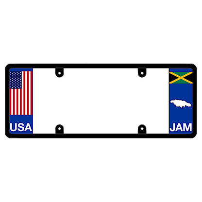 Jamaican license plate frame featuring a traditional red, white, and blue American flag above white USA lettering on the left blue panel, and a Jamaica flag above a white island map outline and JAM lettering on the right blue panel