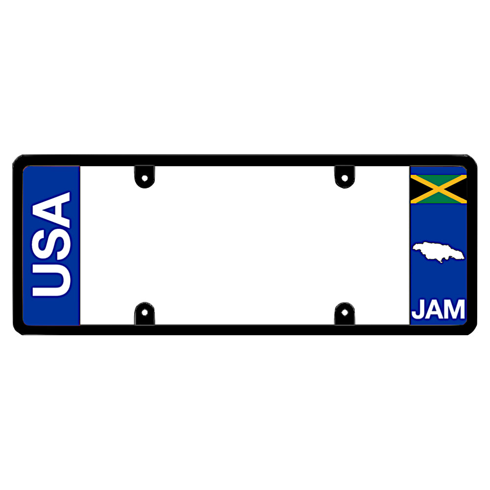 Jamaican license plate frame featuring a vertical blue panel with bold white USA lettering on the left, and a blue panel with the Jamaica flag above a white island map shape and JAM lettering on the right this is the DFS official license frame of America to drive your identity