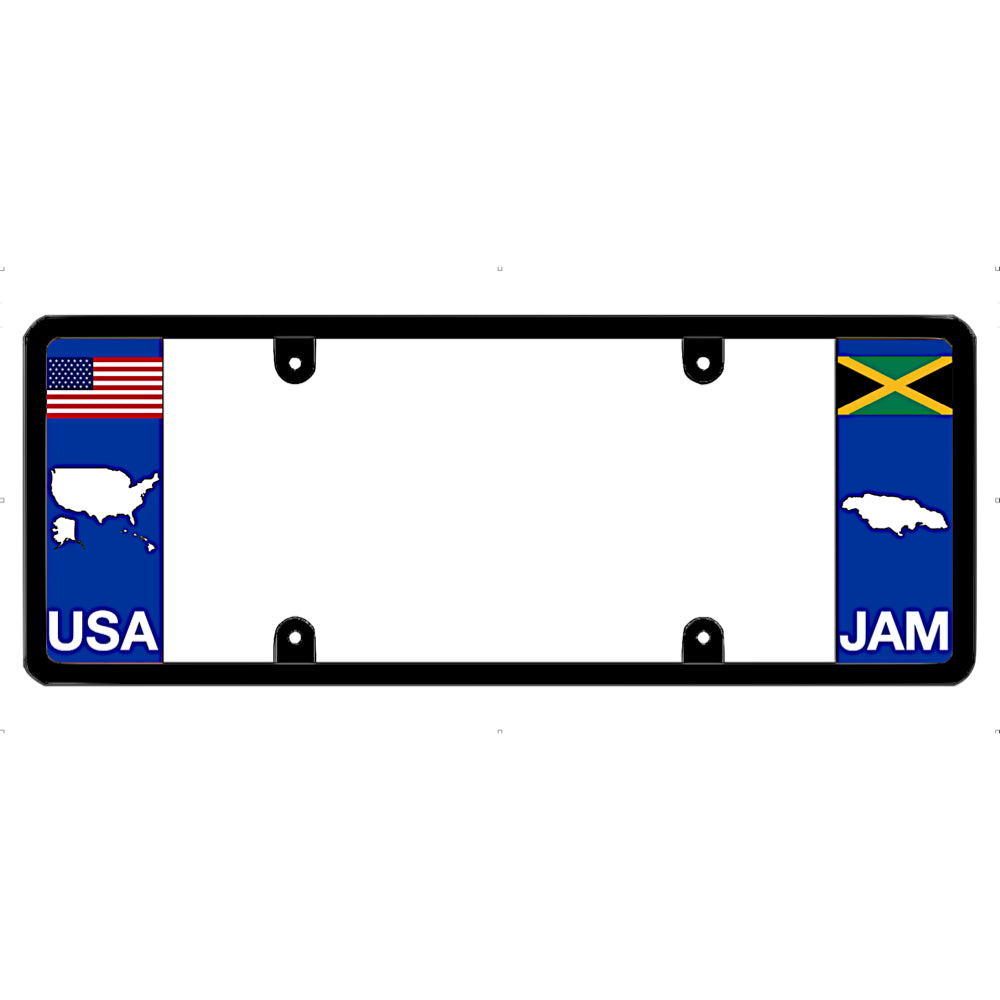 Jamaican official license plate frame with USA and Jamaica flags on a white background