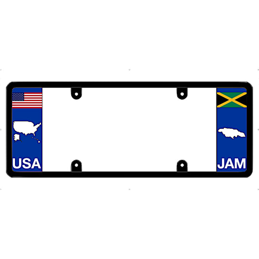 Jamaican official license plate frame with USA and Jamaica flags on a white background