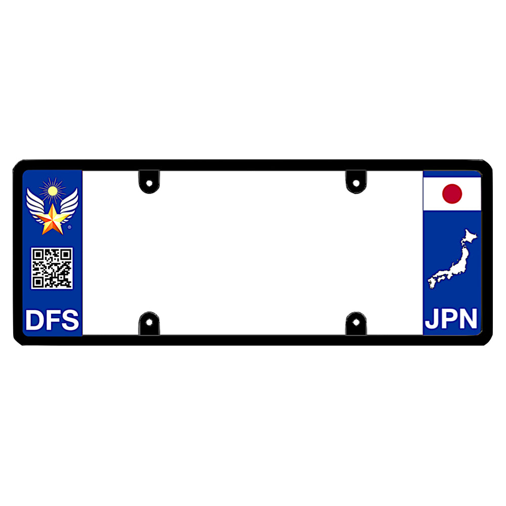 License plate frame with a scan QR code panel on the left and a Japan flag on the right by DFS Brands.