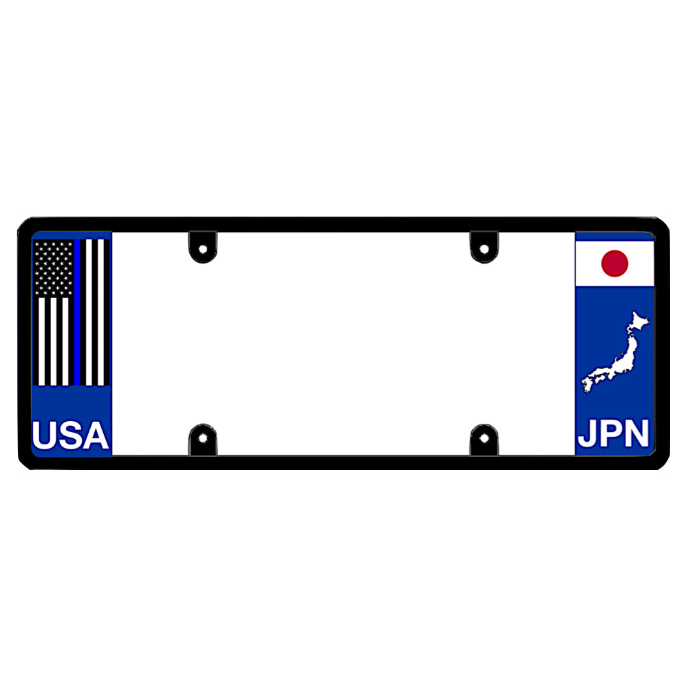 License plate frame with a thin blue line flag on the left and a Japan flag on the right by DFS Brands.