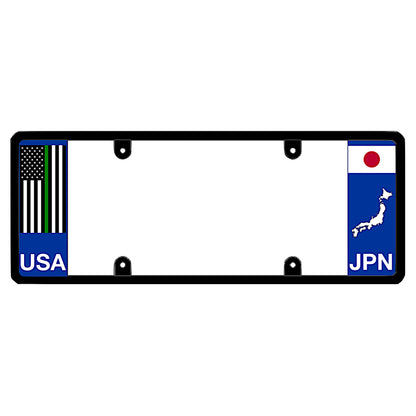 License plate frame with a thin green line flag on the left and a Japan flag on the right by DFS Brands.