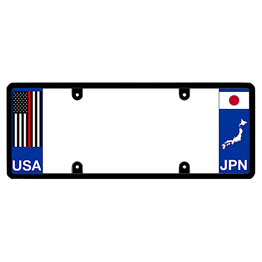 License plate frame with a thin red line flag on the left and a Japan flag on the right by DFS Brands.