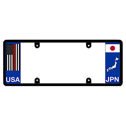 License plate frame with a thin red line flag on the left and a Japan flag on the right by DFS Brands.