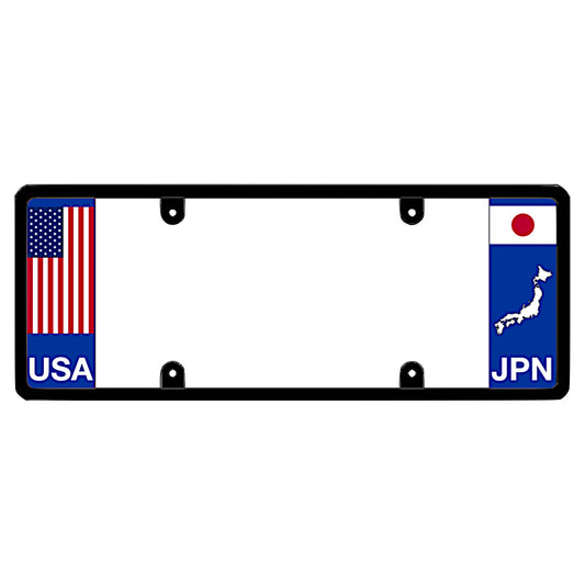 Japanese license plate frame with USA and Japan flag designs on a white background