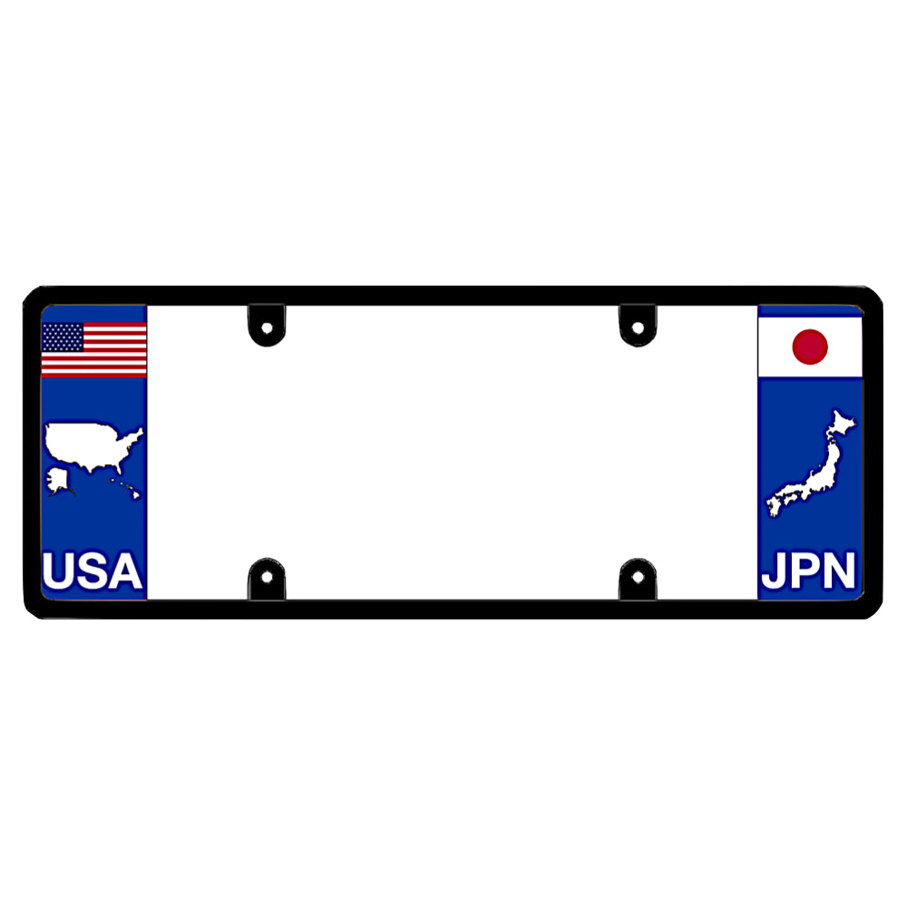 License plate frame with a USA map graphic on the left and a Japan flag on the right by DFS Brands.