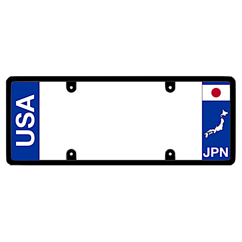License plate frame with bold vertical USA text on the left and a Japan flag on the right by DFS Brands.
