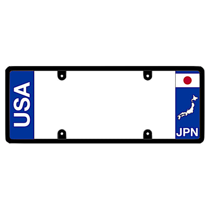 License plate frame with bold vertical USA text on the left and a Japan flag on the right by DFS Brands.