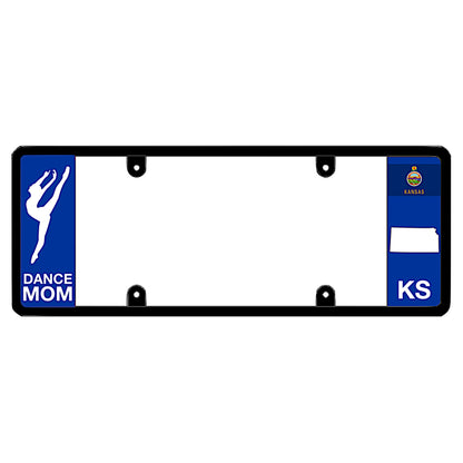 A dance mom themed black elongated Kansas license plate frame showing a dancer silhouette and a blue KS panel by DFS Brands.