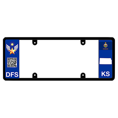Official DFS Brands patented Kansas license plate frame with a scan QR code and a blue KS logo side wing.