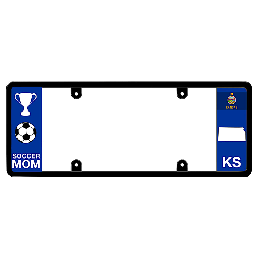 A black elongated Kansas license plate frame featuring a soccer mom theme and a blue KS side panel by DFS Brands.