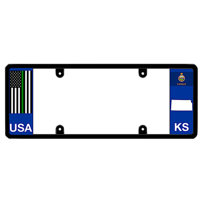 A black elongated Kansas license plate holder with a tactical thin green line flag and printed KS graphics by DFS Brands.