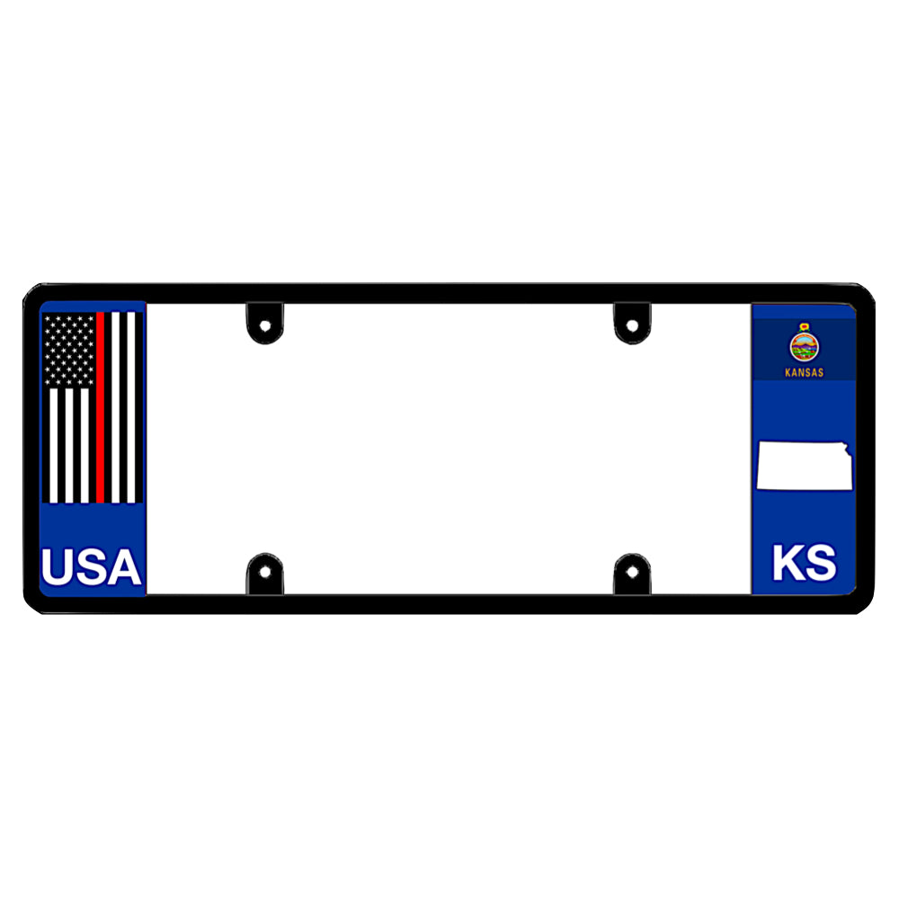 A black elongated Kansas license plate frame featuring a thin red line firefighter flag and blue KS text panel by DFS Brands.