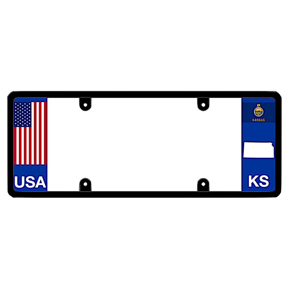 A black elongated Kansas license plate frame with a USA flag design and a white KS state map outline by DFS Brands.
