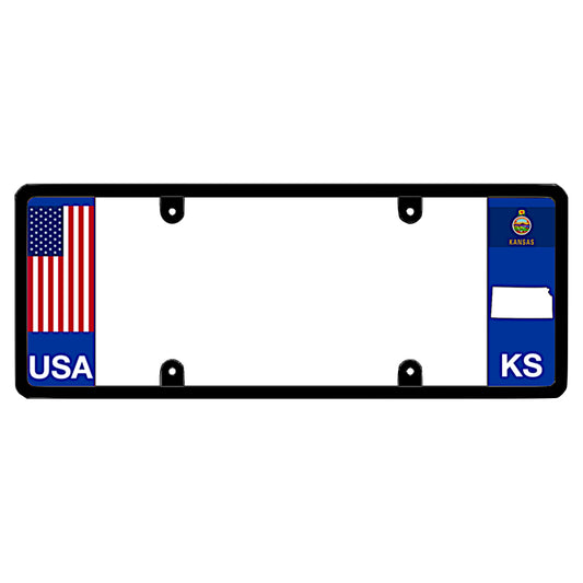 Kansas license plate frame with USA and KS state flag on a white background