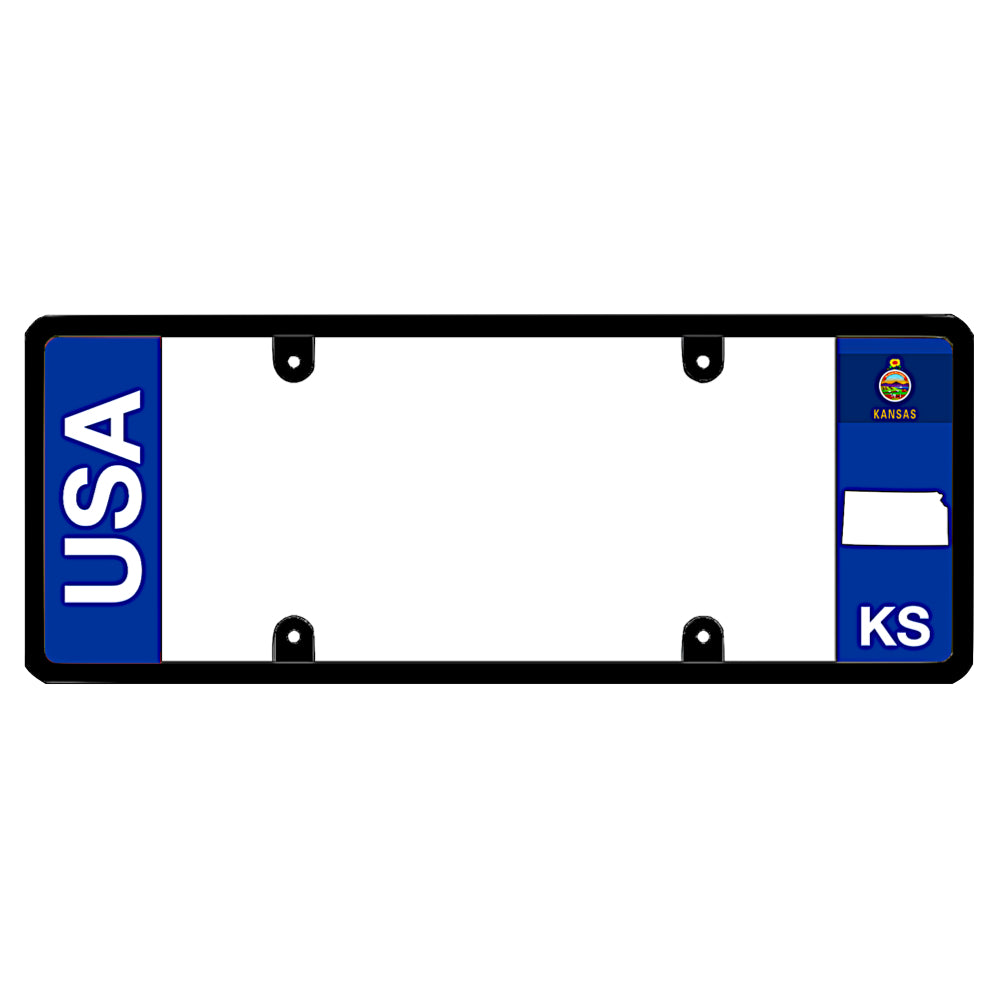 A black elongated Kansas license plate frame featuring clean bold vertical USA and KS text panels by DFS Brands.