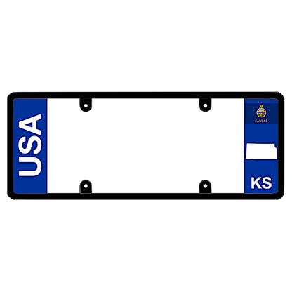A black elongated Kansas license plate frame featuring clean bold vertical USA and KS text panels by DFS Brands.
