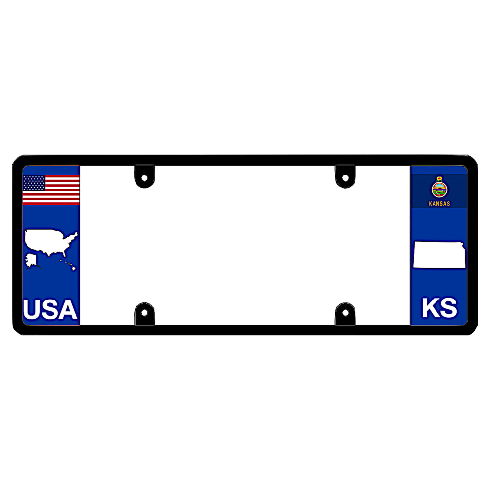 A black elongated Kansas car tag holder showcasing a USA map graphic and a white KS state silhouette by DFS Brands.