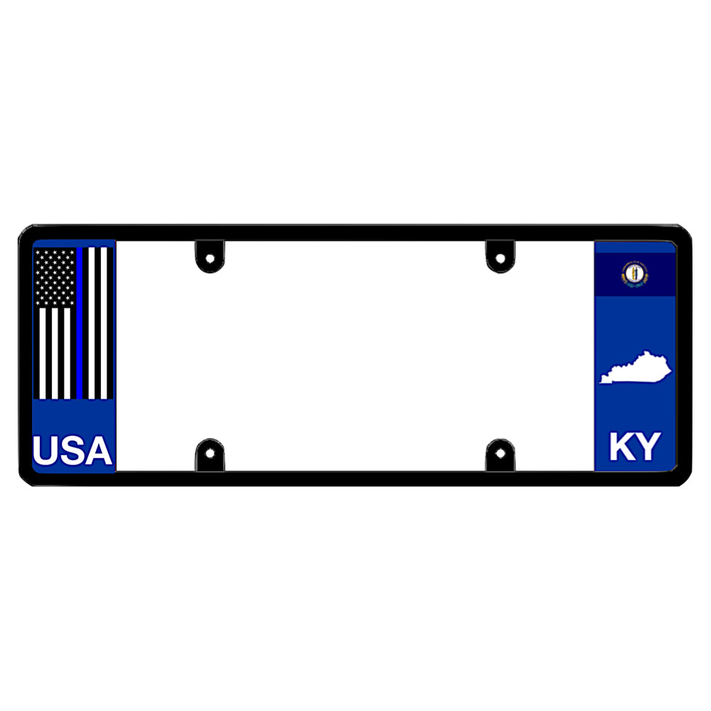 Kentucky license plate frame by DFS featuring a patented elongated design with a thin blue line USA flag on the left wing, and the Kentucky state flag, KY text, and Kentucky map outline on the right