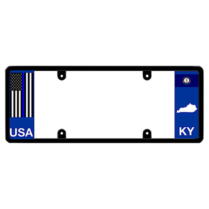 Kentucky license plate frame by DFS featuring a patented elongated design with a thin blue line USA flag on the left wing, and the Kentucky state flag, KY text, and Kentucky map outline on the right