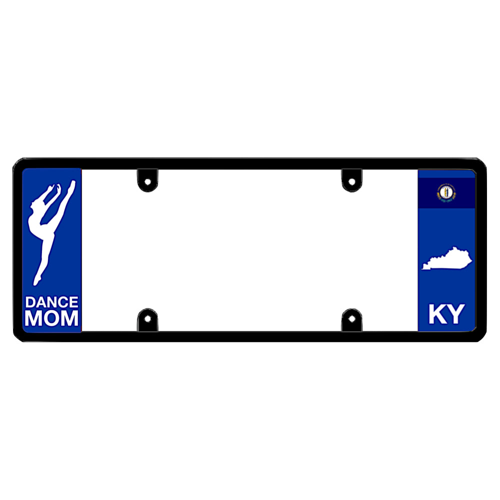 Kentucky license plate frame by DFS featuring a patented elongated design with a dancer silhouette and "DANCE MOM" text on the left wing, and the Kentucky state flag, KY text, and Kentucky map outline on the right